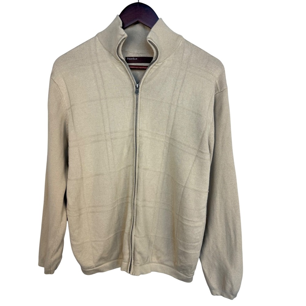 Perry Ellis Zip-Up Cardigan‎ Sweater Men's M Beige Mock Neck Classic Fit